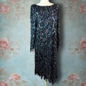 Vintage Saint Honore 100% Silk Beaded & Sequin Jagged Edge Midi Shift Dress